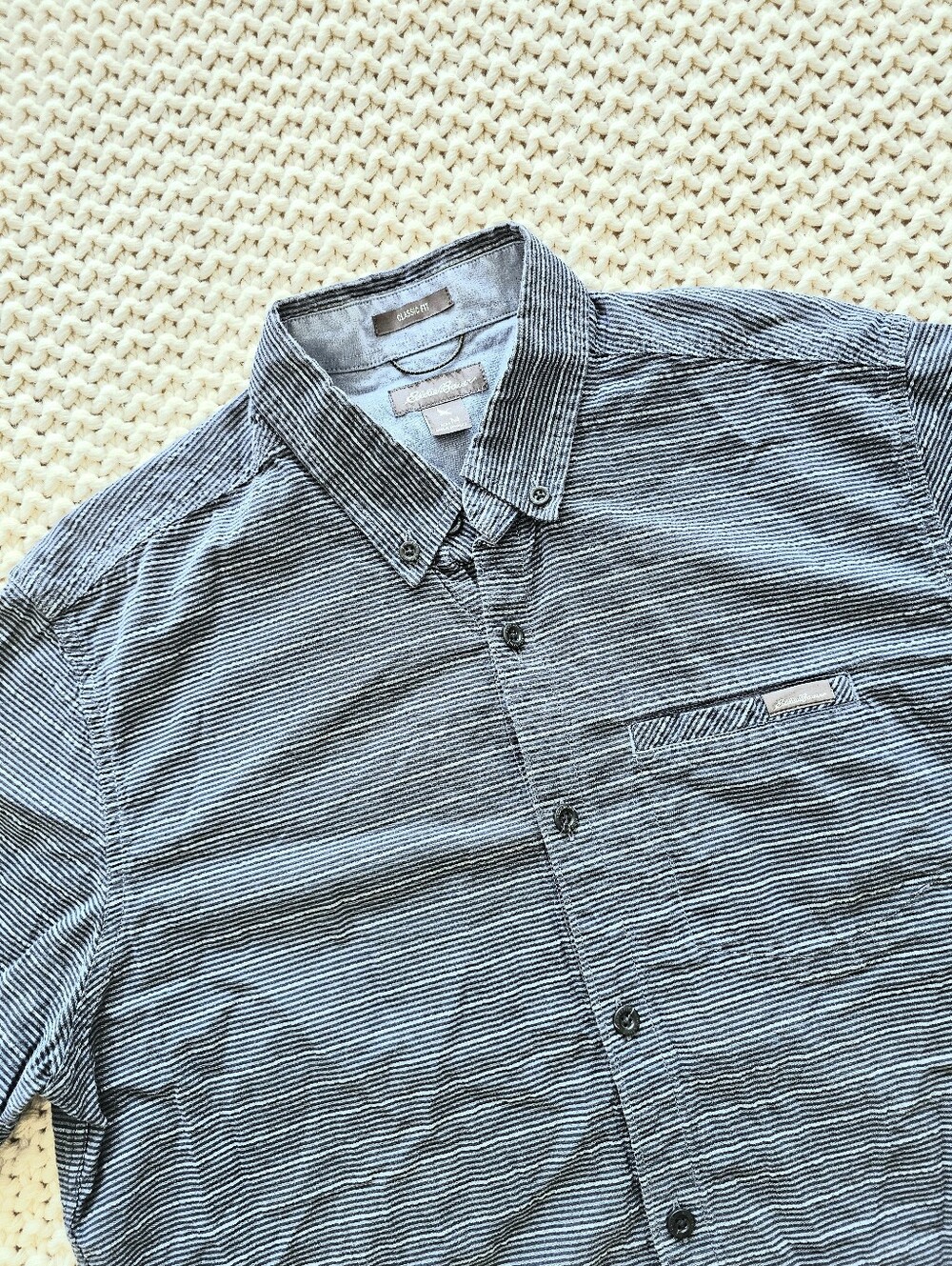 Eddie Bauer Navy and White Striped Button-Down Shirt